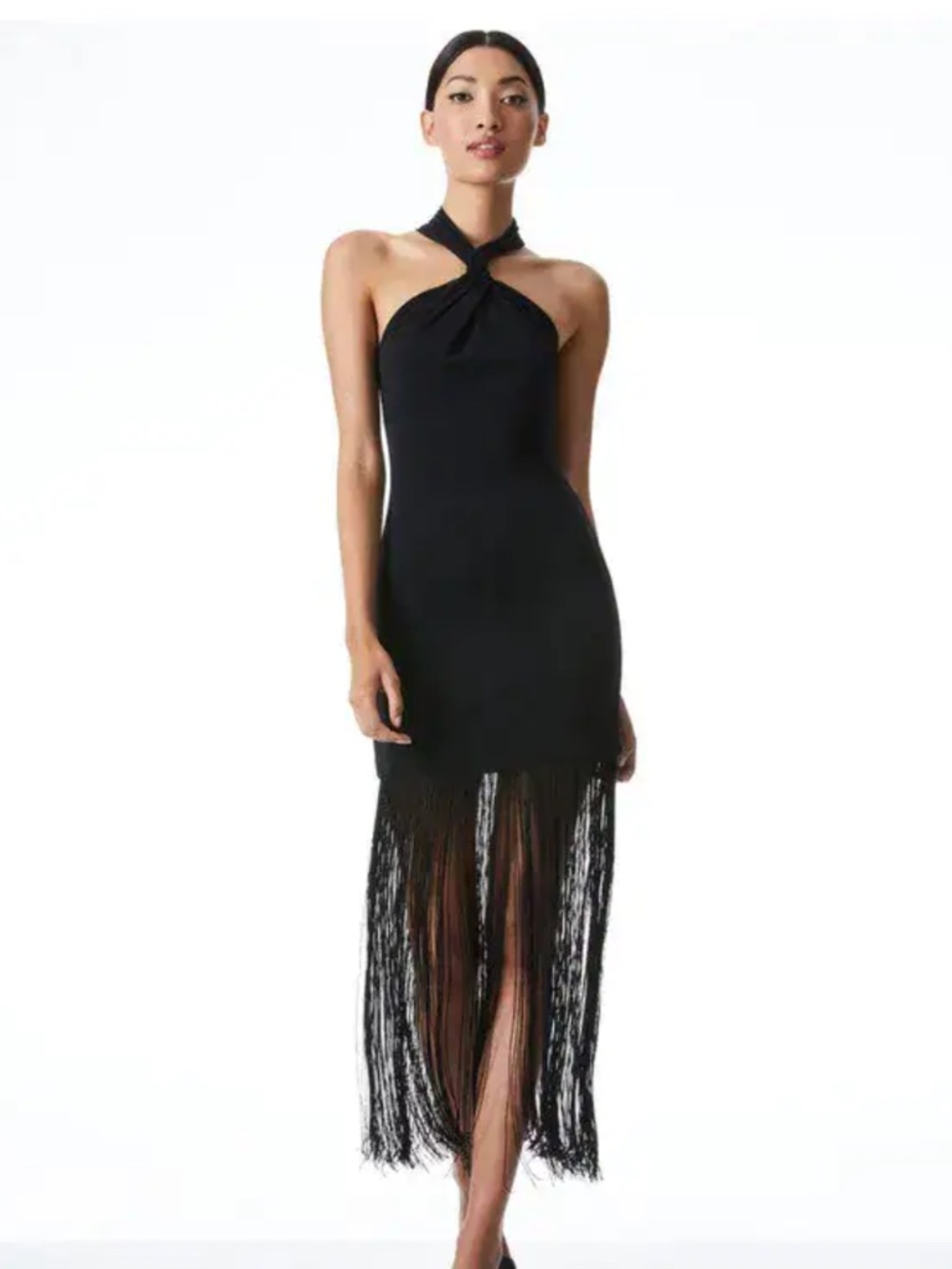 Alice + Olivia Black Halter Fringe Maxi Dress